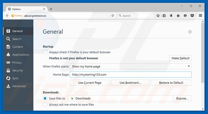 Removing mystarting123.com from Mozilla Firefox homepage