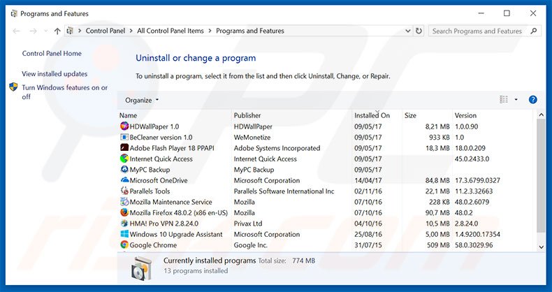 mystarting123.com browser hijacker uninstall via Control Panel