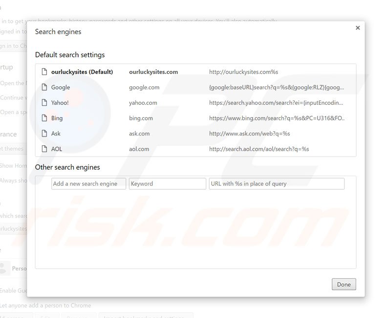 Cambiare il motore di ricerca predefinito ourluckysites.com in Google Chrome 