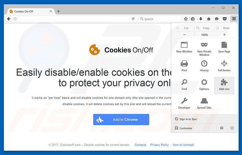 Removing Cookies On-Off ads from Mozilla Firefox step 1