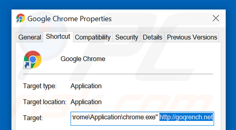 Removing goqrench.net from Google Chrome shortcut target step 2
