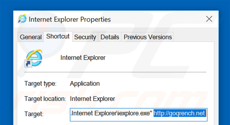 Removing goqrench.net from Internet Explorer shortcut target step 2