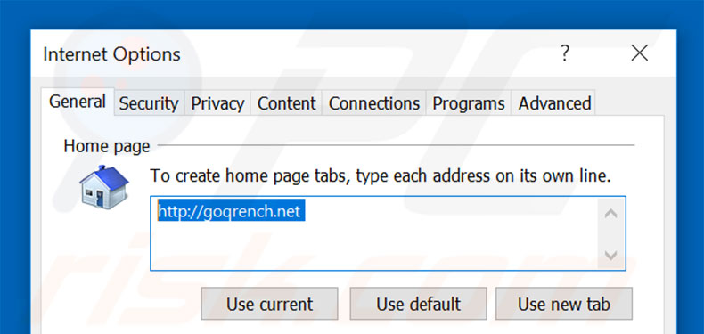 Removing goqrench.net from Internet Explorer homepage