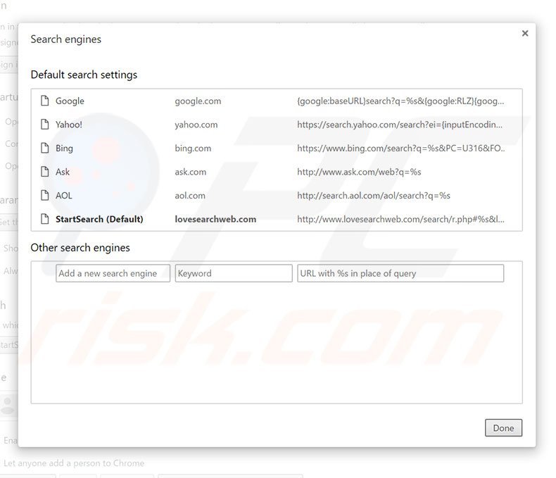 Removing lovesearchweb.com from Google Chrome default search engine