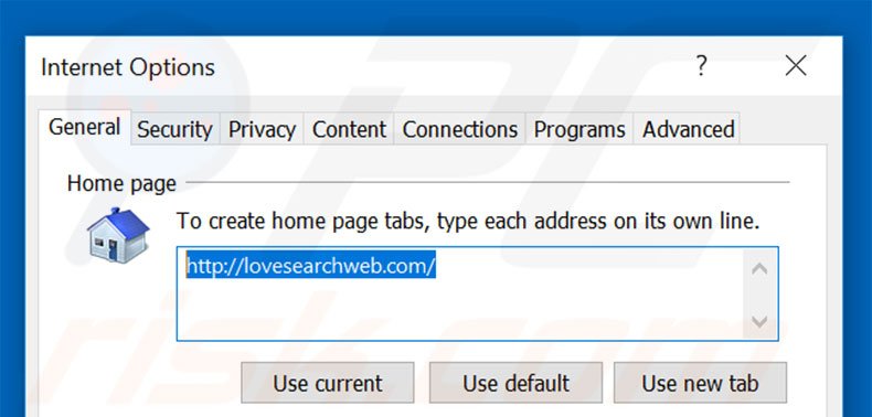 Removing lovesearchweb.com from Internet Explorer homepage