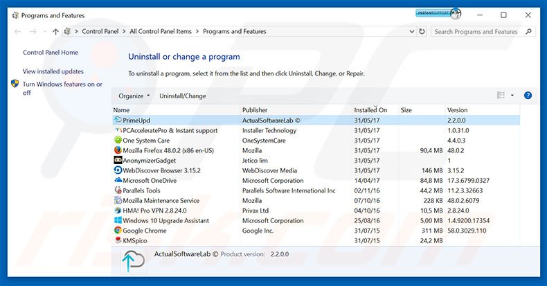 Prime Updater adware uninstall via Control Panel