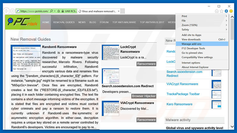 Removing Ransomware Attack Warning Alert ads from Internet Explorer step 1