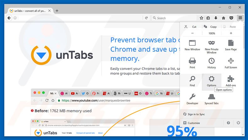 Removing unTabs ads from Mozilla Firefox step 1