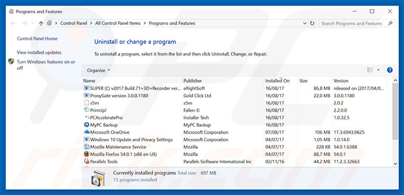 Bookmarks Access adware uninstall via Control Panel