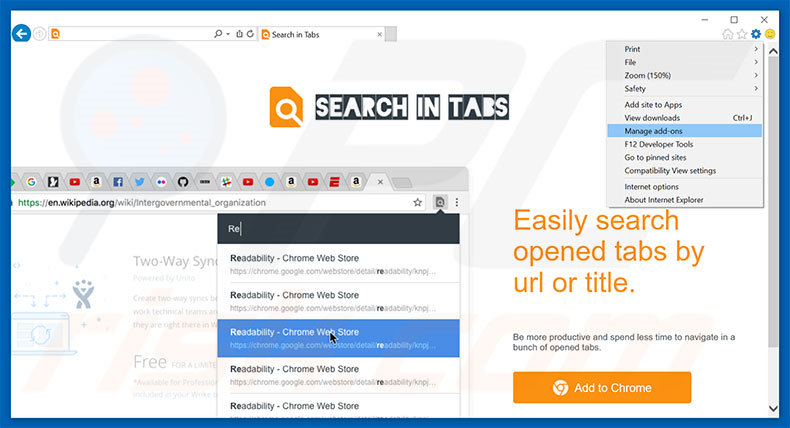 Removing Search In Tabs ads from Internet Explorer step 1