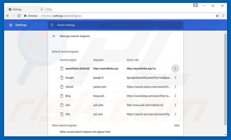 Removing searchkska.xyz from Google Chrome default search engine