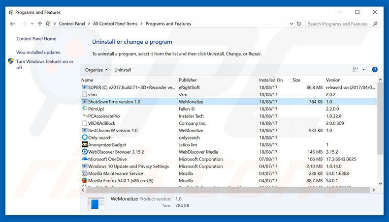 ShutDownTime adware uninstall via Control Panel