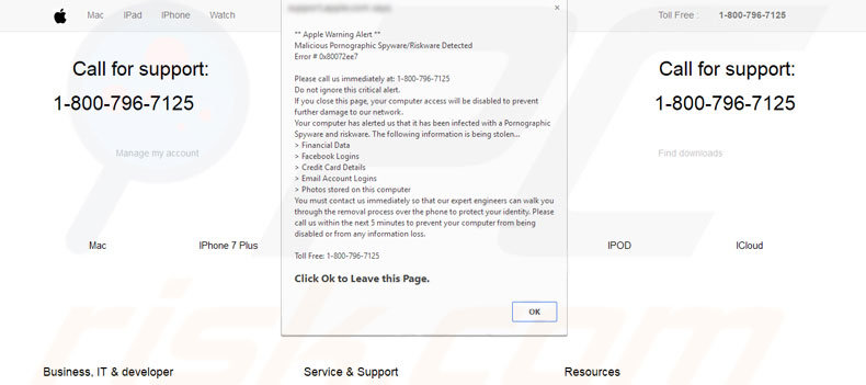 Apple Warning Alert scam popup