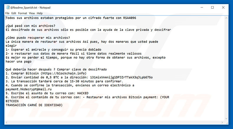 Hacked ransomware text file Spanish variant