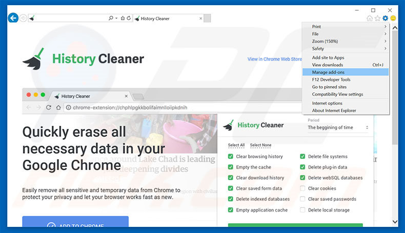 Removing History Cleaner ads from Internet Explorer step 1