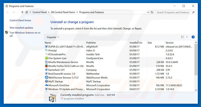 Quiclean adware uninstall via Control Panel