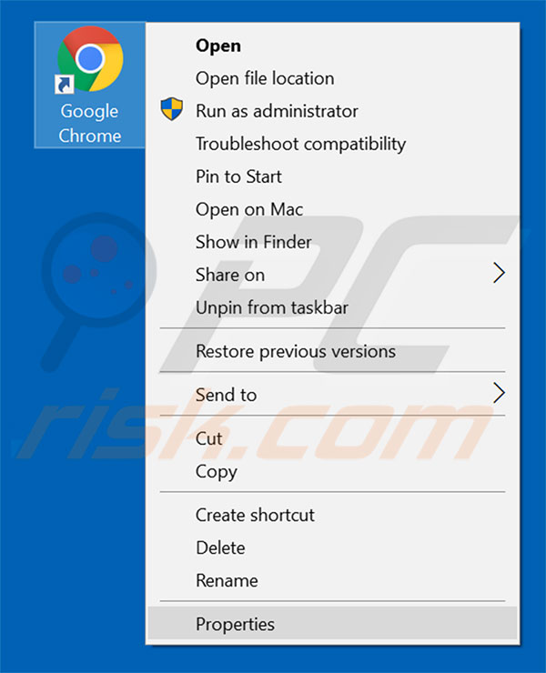 Removing startme.today from Google Chrome shortcut target step 1