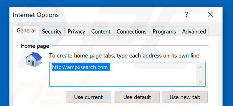 Removing ampxsearch.com from Internet Explorer homepage