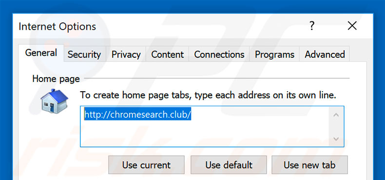 Removing chromesearch.club from Internet Explorer homepage