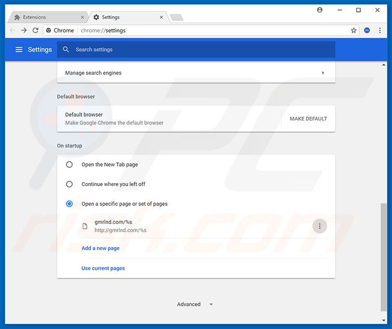 Removing gmrlnd.com from Google Chrome homepage