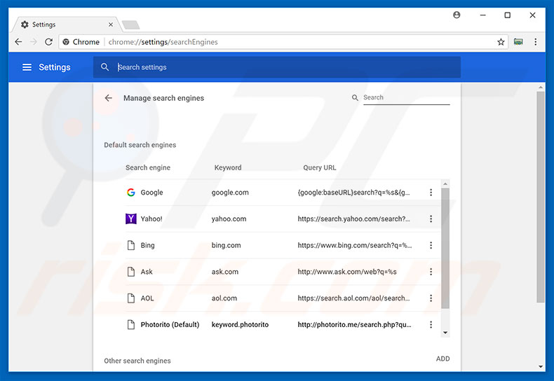 Removing photorito.me from Google Chrome default search engine