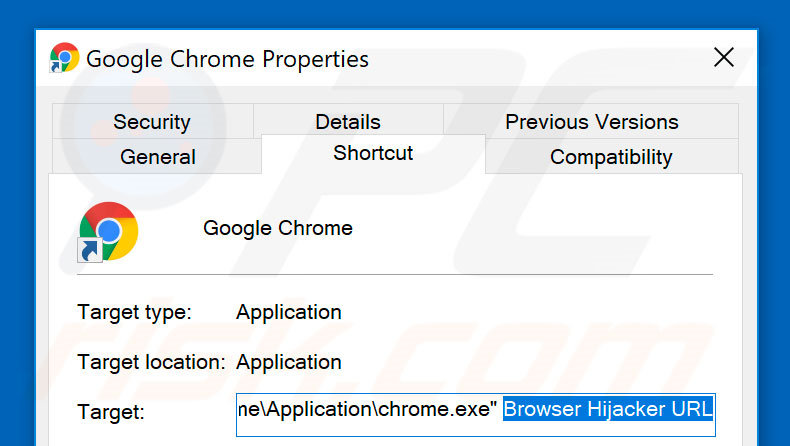 Removing browser hijacker from Google Chrome shortcut target step 2