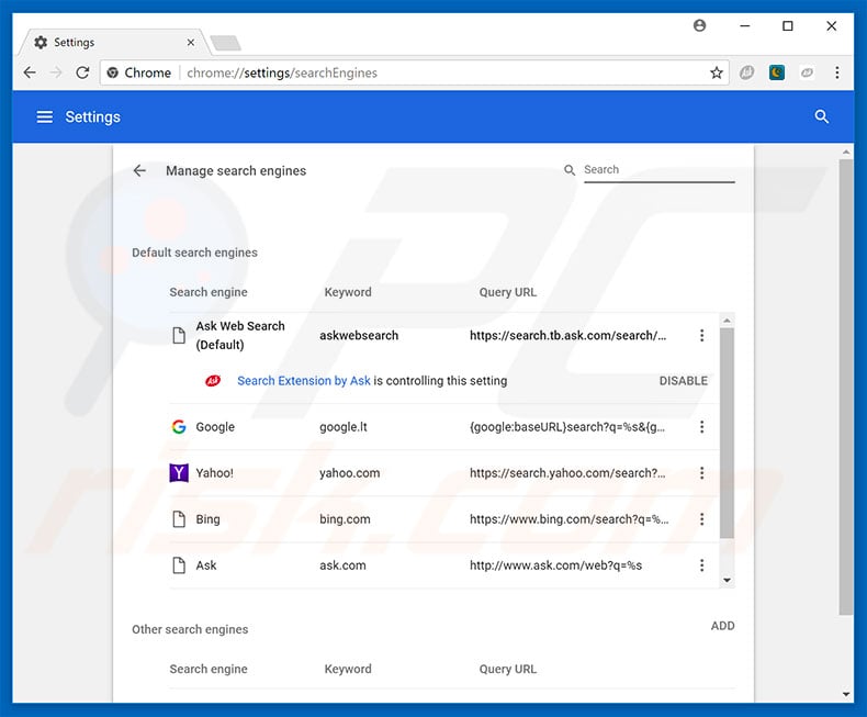 Removing browser hijacker from Google Chrome default search engine