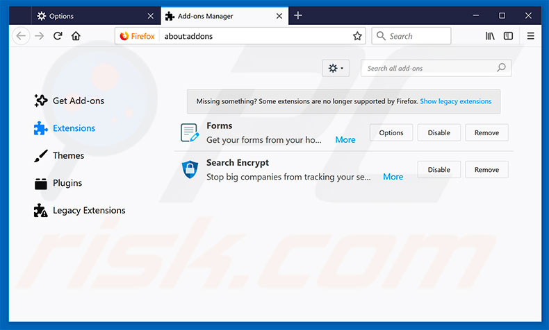 Removing browser hijacker related Mozilla Firefox extensions