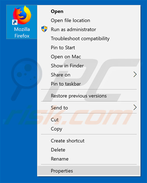 Removing browser hijacker from Mozilla Firefox shortcut target step 1