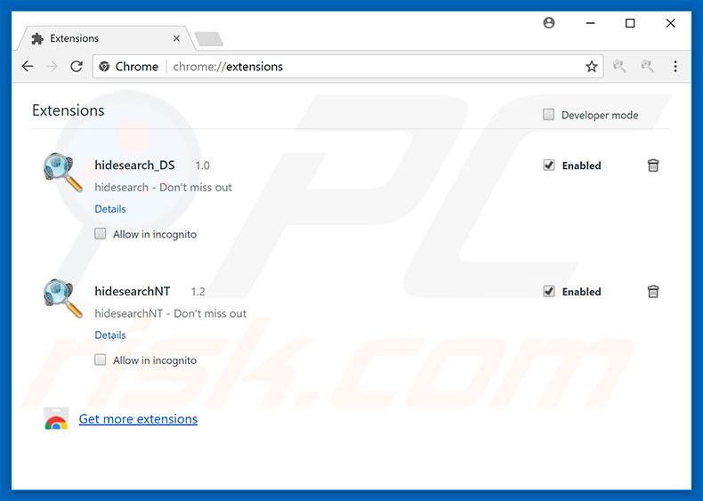 Rimozione delle estensioni di Google Chrome relative a search.hidesearch.bid