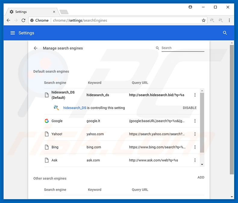 Rimozione di search.hidesearch.bid dal motore di ricerca predefinito di Google Chrome