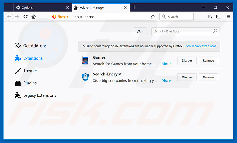Rimozione delle estensioni di Mozilla Firefox relative a search.hidesearch.bid