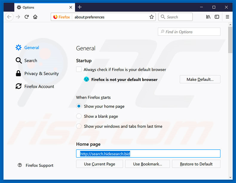 Rimozione di search.hidesearch.bid dalla home page di Mozilla Firefox