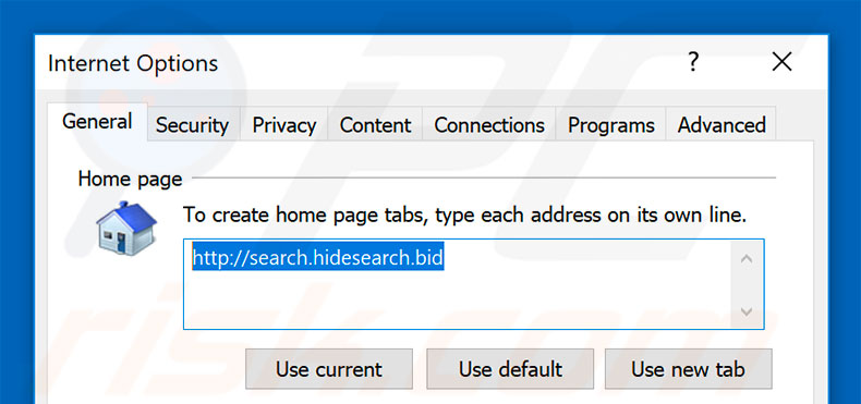 Rimozione di search.hidesearch.bid dalla home page di Internet Explorer
