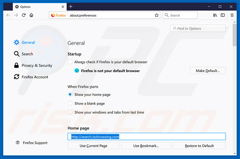 Removing search.iezbrowsing.com from Mozilla Firefox homepage