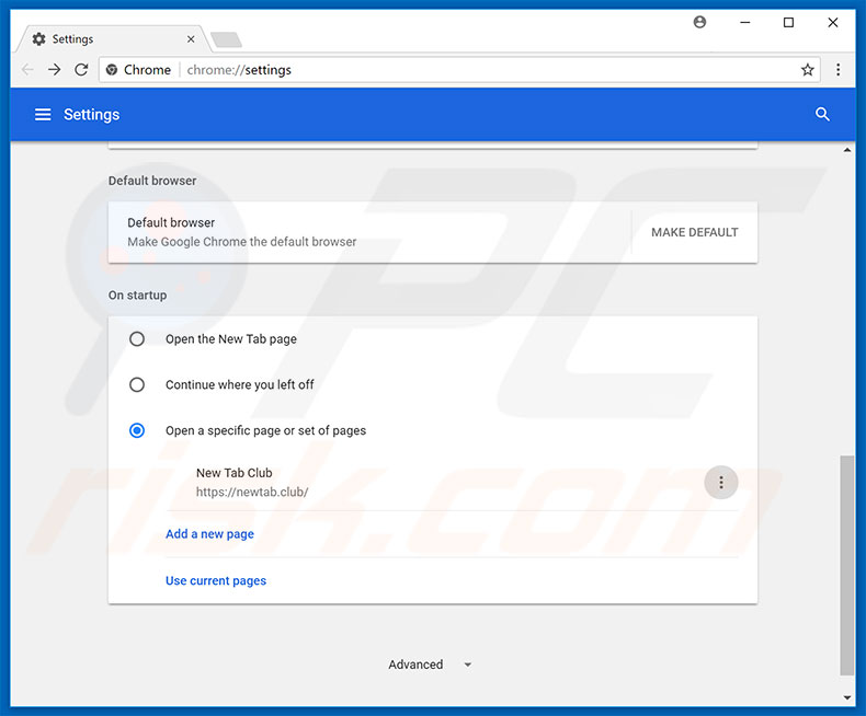Removing newtab.club from Google Chrome homepage