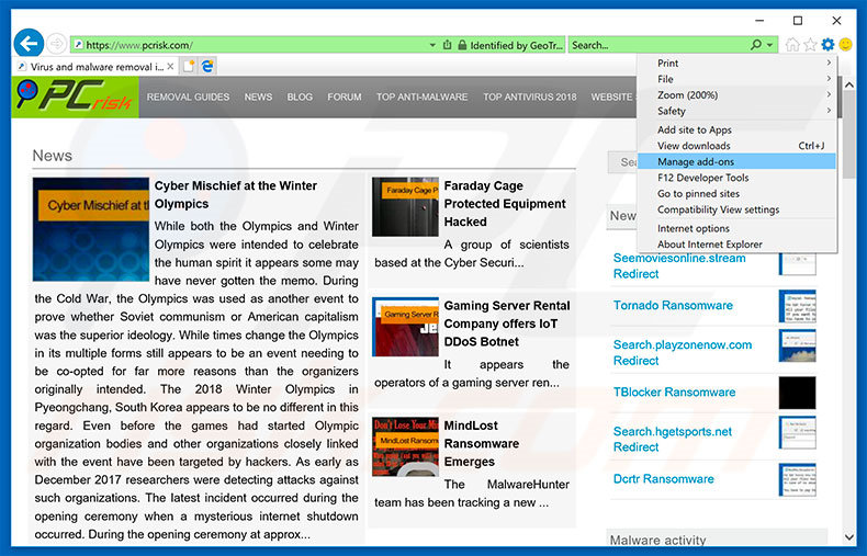 Removing VIRUS ALERT FROM MICROSOFT ads from Internet Explorer step 1