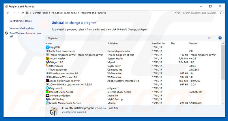 You Have Won A Google Gift adware uninstall via Control Panel