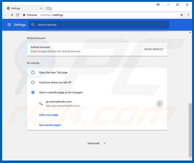 Removing go.mennythanks.com from Google Chrome homepage
