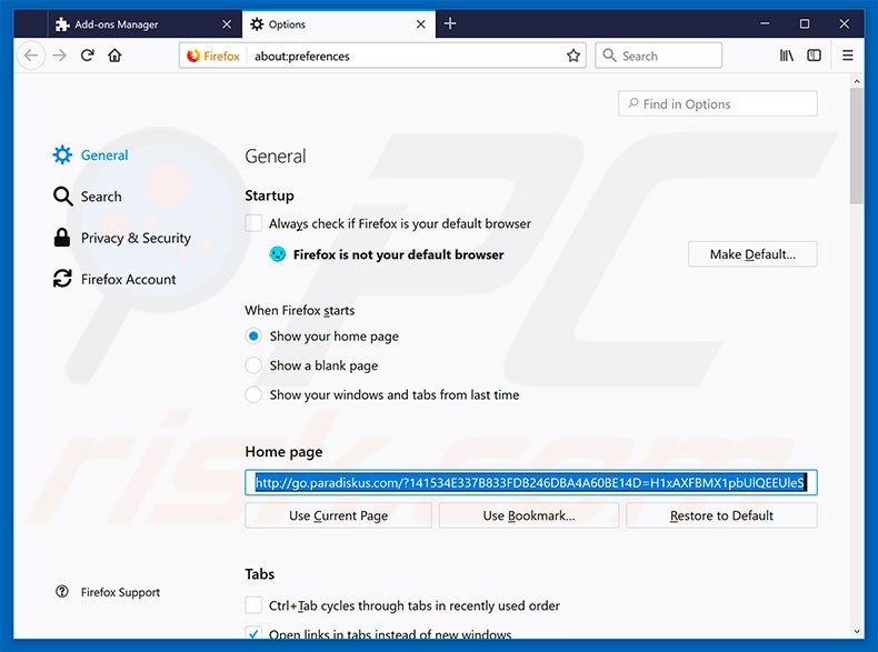 Removing go.paradiskus.com from Mozilla Firefox homepage