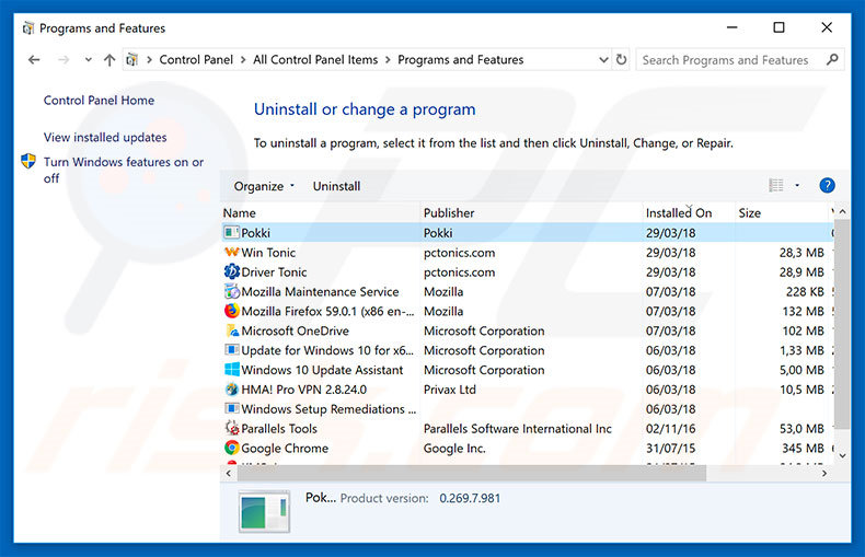 Pokki adware si disinstalla tramite il Pannello di Controllo