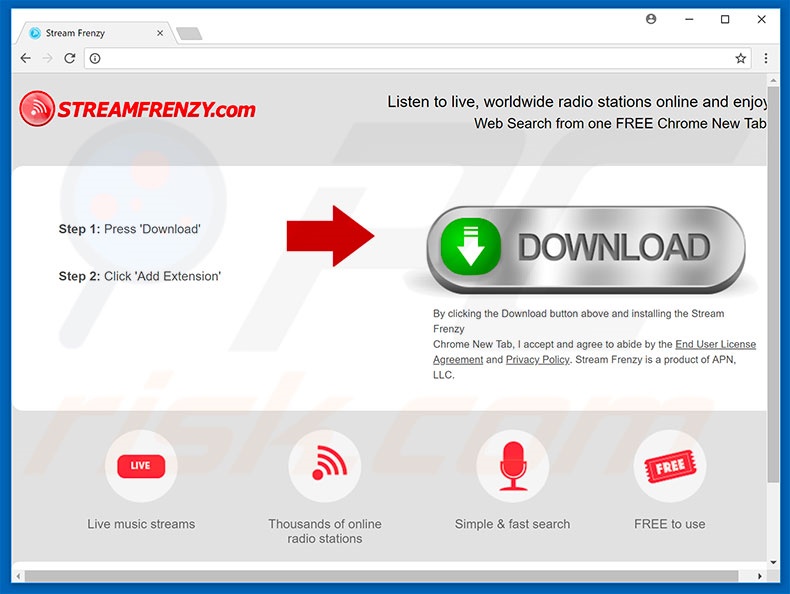 Website used to promote StreamFrenzy browser hijacker