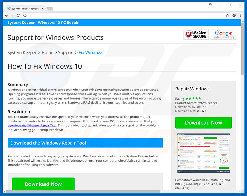 Windows Defender Security Center promoting System Keeper