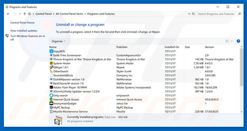 Windows Is Resetting Itself adware uninstall via Control Panel