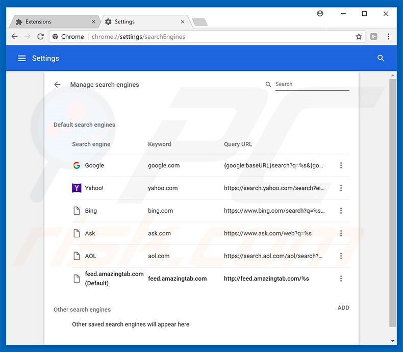 Removing feed.amazingtab.com from Google Chrome default search engine