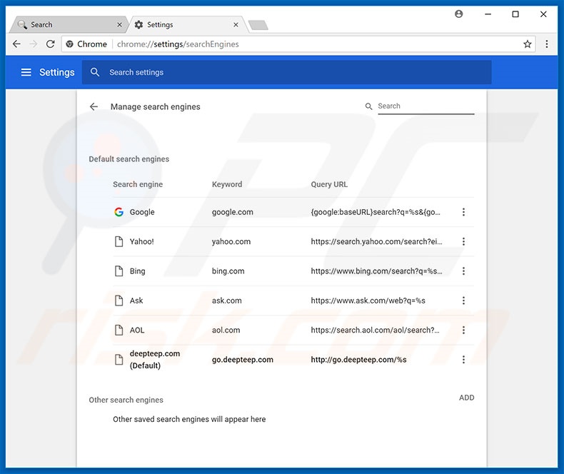 Removing go.deepteep.com from Google Chrome default search engine