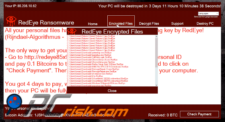 La comparsa del pop-up ransomware RedEye (GIF)