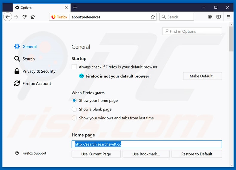 Removing search.searchswift.co from Mozilla Firefox homepage
