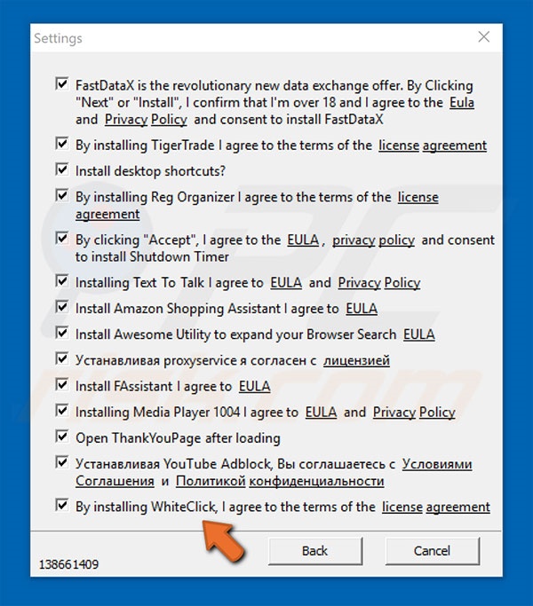 Setup promoting WhiteClick adware installation setup