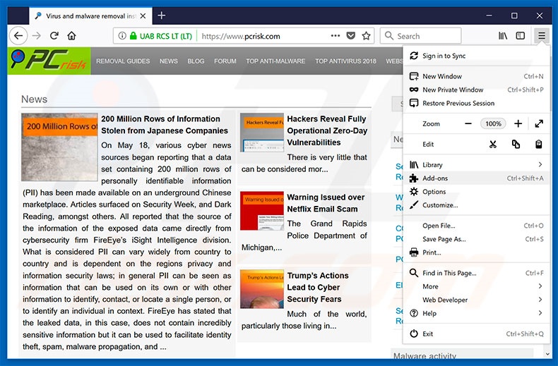 Rimozione di estensioni canaglia da Mozilla Firefox step 1